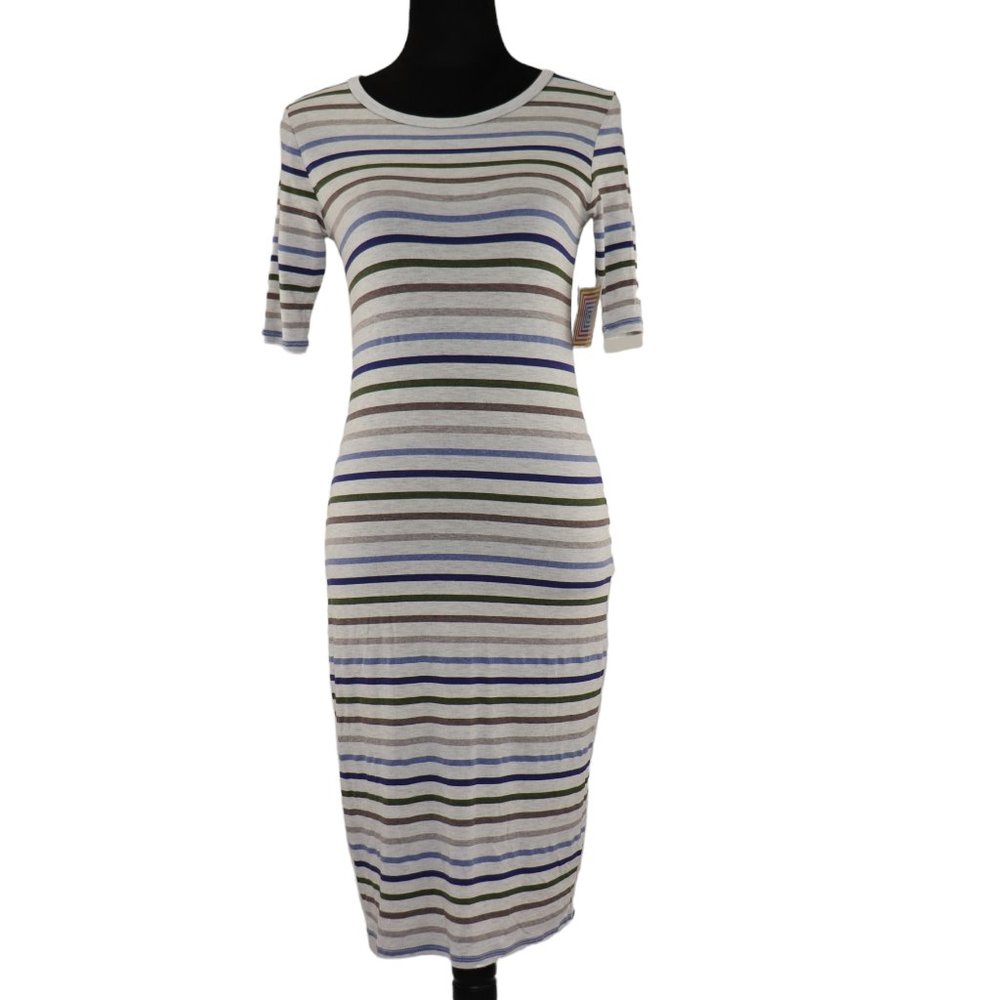 Lularoe Julia Dress Bodycon Pullover Round Neck White Stripe Blue Green Size XXS